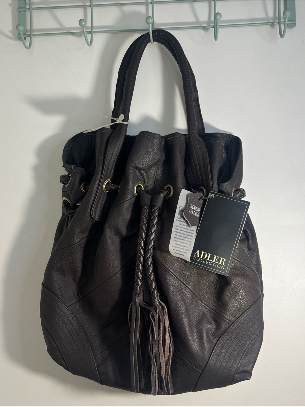 NWT Women's Dark Brown Leather Tote Hobo Bag Braided Drawstring W/Fringe Boho